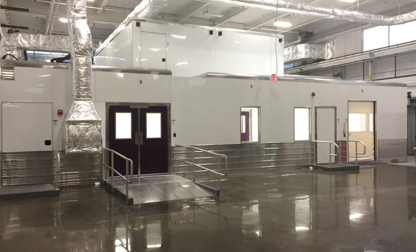 Exterior of a completed POD cleanroom inside the facility